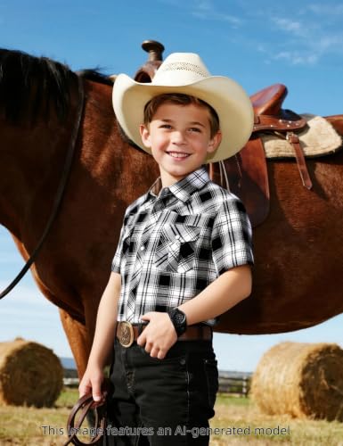 Image of COSLAND Boy's Toddler Cotton Western Short Sleeve Button Down Plaid Shirt, 4-14 Years
