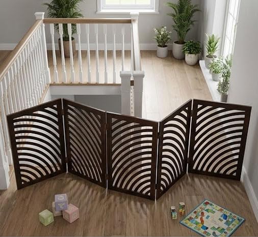 Wooden Freestanding Foldable Dog, Cat, and Baby Safety Partition | Indoor, Outdoor Pets Puppy Safety Fence for Stairs, Bedroom, Main Gate, Kitchen, or Other Hazardous Areas (Brown, 5 Panel D2)-image-37