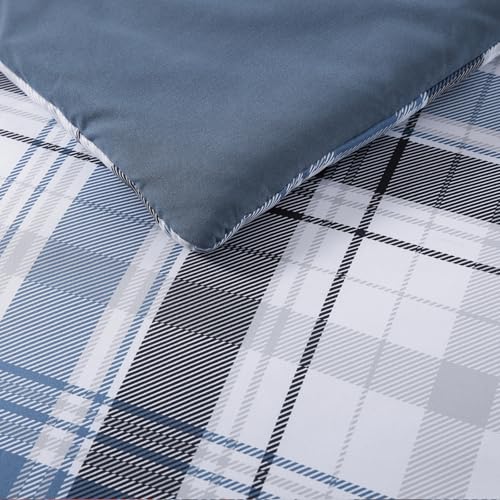 Image of MaiReve Full Size Plaid Comforter Set Lake Blue, Classic 7 Pieces Farmhouse Bedding Set, All Season Lightweight Bed in A Bag with Sheets, Pillowcases & Shams