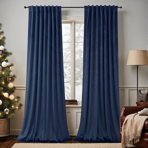 Image of Navy Blue Velvet Curtains 84 Inch Length 2 Panels for Living Room Darkening Thermal Insulated Winter Curtain for Bedroom Midnight Royal Dark Blue Drape Mid Century Modern Decor Back Tab Pocket 84 Long