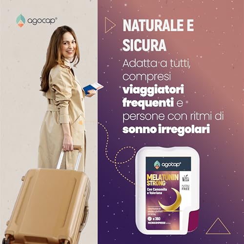 Melatonina per dormire, 360 microcompresse 12 MESI FORMATO POCKET. Melatonina forte, 1 mg. Integratori per dormire, regola il ciclo Sonno-Veglia. Melatonina Pura, riduce i sintomi del Jet Lag. Agocap - 5