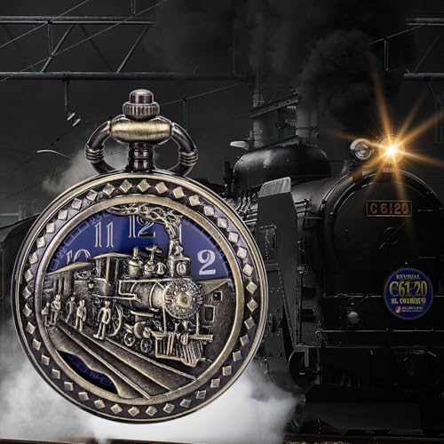 Image of SIBOSUN Antique Men Pocket Watch with Chain Oversized 50MM 1.96 Inch 3D Locomotive Steam Train Railroad Hollow + Box