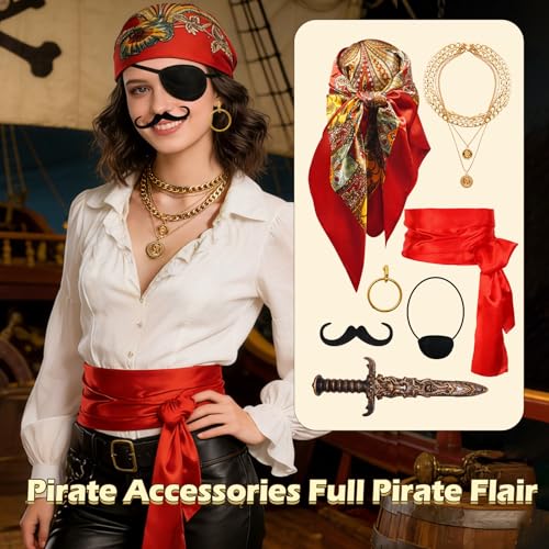 JJKOL 7 Piezas Accesorios Pirata Mujer, Disfraz Pirata Mujer, con Pañuelo, Parche en el ojo, Barba, Daga, Collar, Cinturón, Pendientes y Collares, para Disfraz Carnaval de Piratas Mujer, Flor Roja - imagen 6