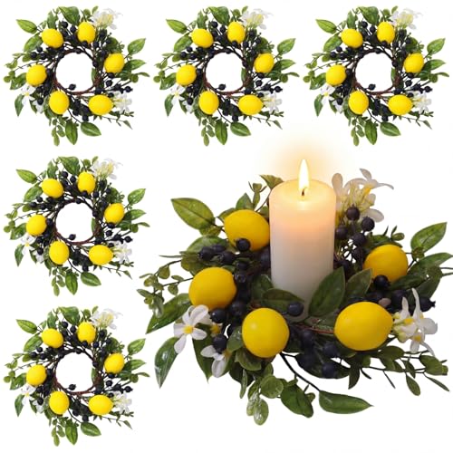 Dingion 6 PCS Lemon Candle Rings Mini 4 Inch Center Mini Artificial Wreaths with Eucalyptus Greenery Blueberry Pillar Holder Centerpieces for Window Kitchen Cabinet Farmhouse Amalfi Coast Party Decor