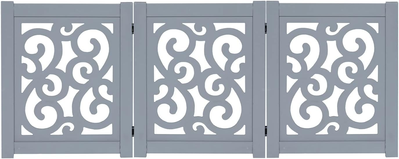 HOME DISTRICT Freestanding Dog Gate - 4-Panel & 3-Panel Folding Pet Gate for Small Dogs, Grey Scroll, 47" x 19"