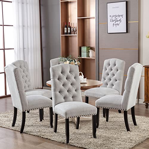 Colamy Button Tufted Dining Chairs Set Of 6, Upholstered Parsons Dining Room Chairs, Fabric Kitchen Side Chair With Nailhead Trim And Wood Legs, Light Grey #TOP3
