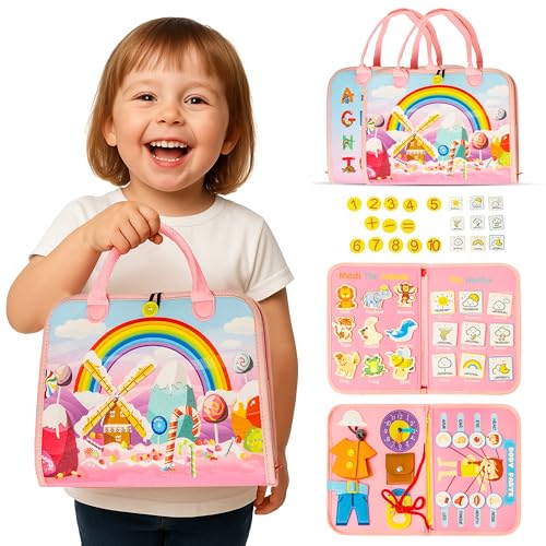 Busy Book for Toddlers 3-5 | Montessori Toddler Activity Book | Pink Kids Busy Board & Travel Busy Baby Toy for Learning Fine Motor Skills and Pre-School Activities