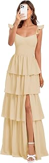 Women's Champagne Spaghetti Straps Bridesmaid Dresses for Women 2025 Tiered Ruffles A Line Chiffon Prom Dresses US8