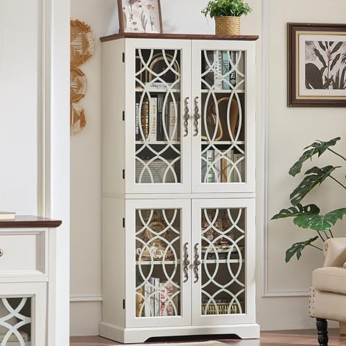 Joaxswe 67" Tall Bookshelf, Vintage Book Shelf with Glass Doors, 5-Tier Wood Bookcase with Adjustable Storage Shelves, Freestanding Rustic Curio Display Cabinet for Living Room, Office, Antique White