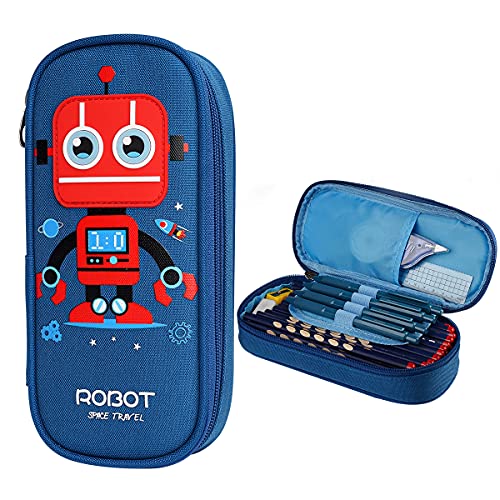 Cute Cartoon Pencil Case for Kids, Big Capacity Canvas Kawaii Pencil Pouch with Zipper, Waterproof & Durable Compartment Large Storage Pencil Bag for Girls Boys in School (Blue - Robot)