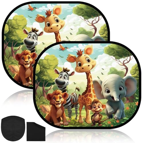 Augshy Parasol Coche Bebé con Protección UV 44x36cm，2 Unidades Lateral Parasol Coche Infantil Parasol Ventanas Traseras Coche con Estampado Animal