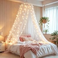 HanYun Betthimmel Mädchen mit 100 LED-Star Lichterketten, Moskitonetz für Bett, Bett Baldachin, Ultra große hängende Königin Baldachin Vorhang Netz für Reise Und Zu Hause Indoor Outdoor (Weiß)