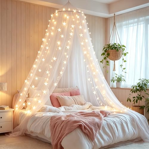 HanYun Betthimmel Mädchen mit 100 LED-Star Lichterketten, Moskitonetz für Bett, Bett Baldachin, Ultra große hängende Königin Baldachin Vorhang Netz für Reise Und Zu Hause Indoor Outdoor (Weiß)