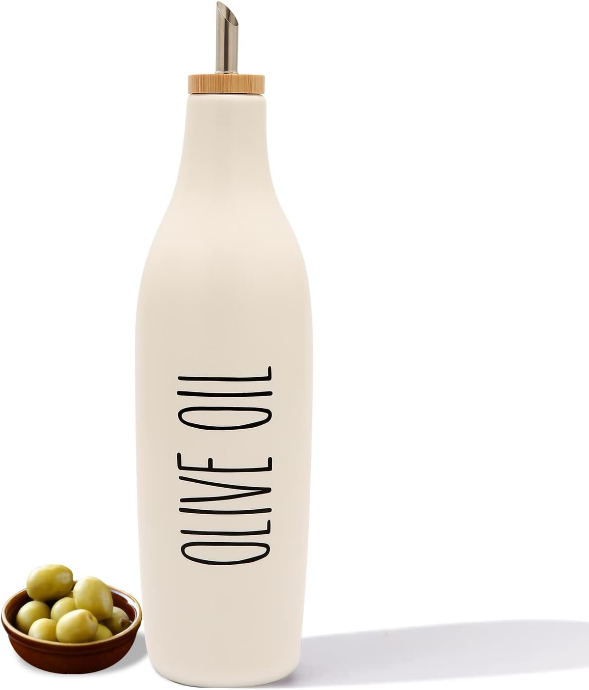 Ceramic Olive Oil Dispenser for Kitchen, Stoneware 16oz Oil Cruet and Vinegar Bottles Dispenser, Kitchen Dispenser Bottle for EVOO Vinegar Syrups, Modern Farmhouse Design(W-O)