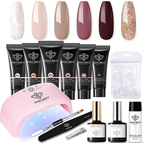 Modelones Polygel Kit Complet Ongles Gel Manicure Kit avec 20W Lampe UV 6 Couleur Professionnel Poly Nail Extension avec Base et Top Coat, Faux ongles, Slip Solution Acrylique pour Debutant Ongulaire