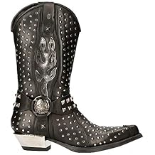New Rock M-7928-S1 WESTERN COWBOY BOOTS Black Leather Heavy Biker SILVER STUDS