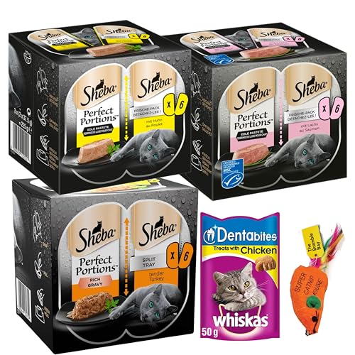 Wet Cat Food Tray bundle includes Sheba Perfect Portions Chicken, Salmon, Turkey 6 x 37.5g, Pack of 3 Total of 18 trays, Dentabites treats 50g, Catnip mouse toy