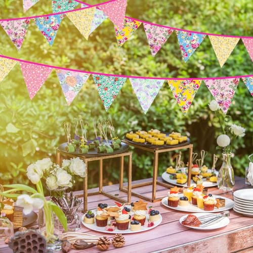 jijAcraft 39Ft Triangle Bunting Banner, 42Pcs Tea Floral Party Bunting Cotton Fabric Flags Pennant Garlands for Birthday Party, Wedding, Baby Shower, Outdoor and Home Decorations (Yellow) by jijAcraft - Used condition - Image 2