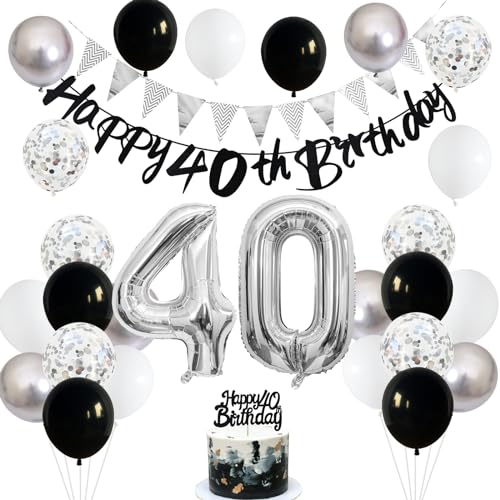 Image of 40th Birthday Decorations for Men, Black Silver 40th Birthday Balloons with Black Happy 40th Banner 40 Cake Topper Decor Number 40 Balloon for Women 40th Party Decoration