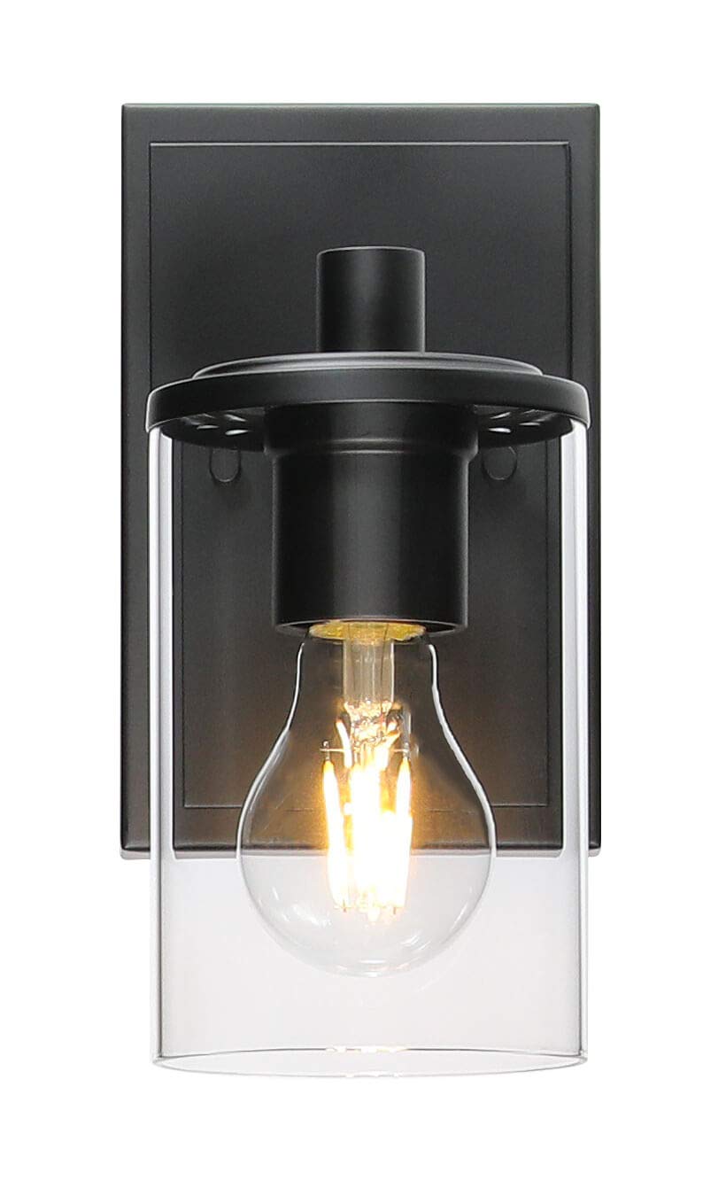 XiNBEi Lighting Aplique de pared, 1 luz, luz de tocador para baño con vidrio, apliques negros modernos para interiores, iluminación de pared XB-W1240-1-MB