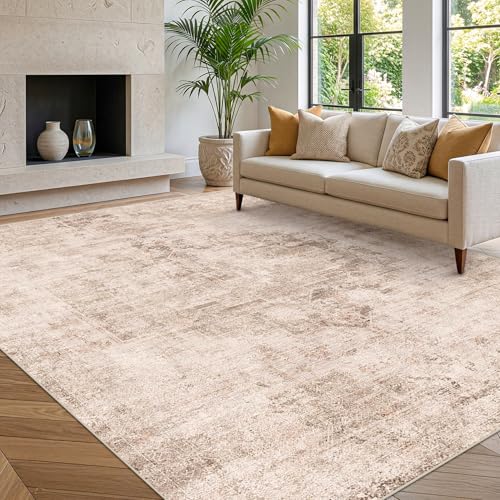 Farmhouse Area Rugs for Living Room - 7x10 Washable Modern Abstract Rug for Bedroom, Dining Room Under Table, Home Office, Soft Washable & Stain Resistance (Beige & Peach)