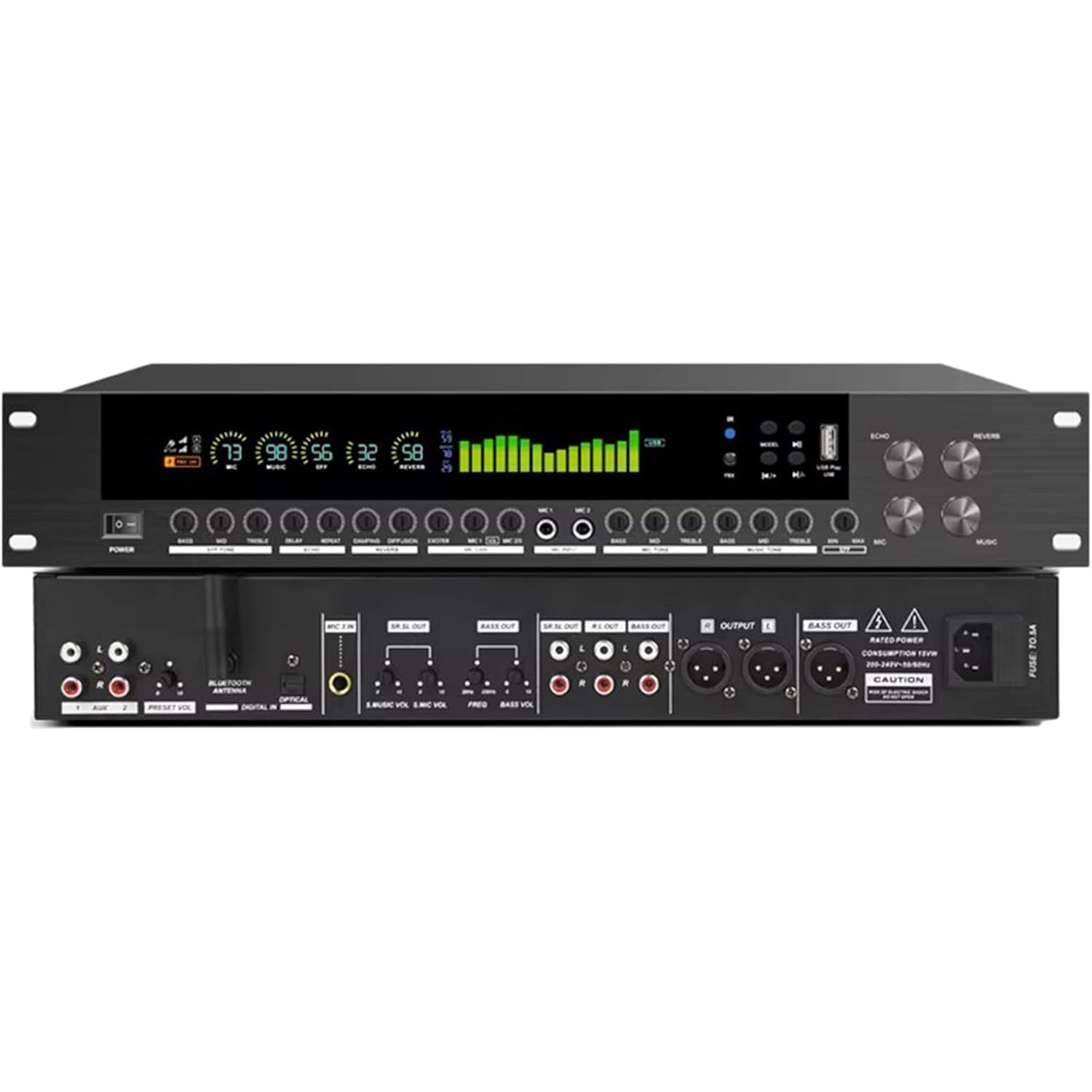 Ecualizador de espectro de 15 bandas, procesador de efectos digital de preamplificación, con pantalla LCD, mando a distancia, función anti-aullidos, capacidad de reproducción USB/Bluetooth, procesador