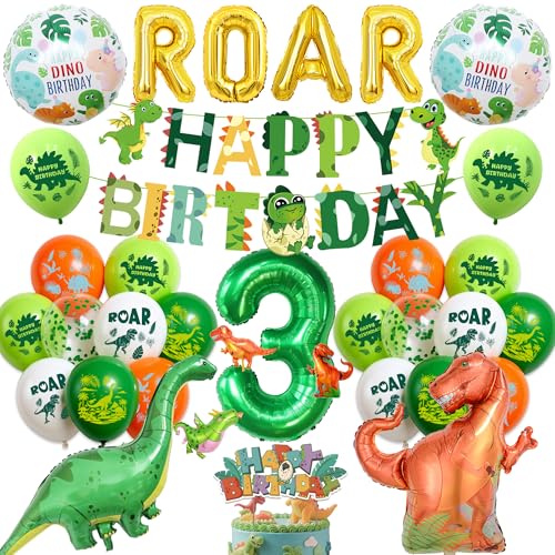 Ballons dinosaures dorés et vert métallisé : décoration soignée anniversaire 3 ans
