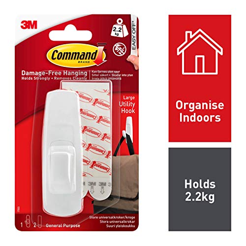 Command Large Utility Hook, Pack of 1 Hook and 2 Adhesive Strips, White - Damage Free Hanging - Holds up to 2.2kg