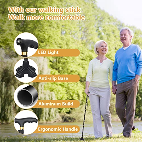 Junra Walking Cane With Led Light, Adjustable Folding Stick Walking Cane For Women And Men, Portable Foldable Collapsible Cane With Quad Base For Seniors Balance #TOP4