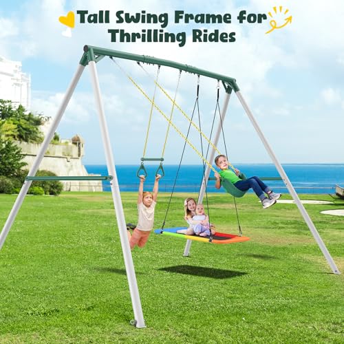 Hapfan 9.5\' Tall Swing Sets for Backyard with Platform Swing, Heavy Duty Metal Swingset Outdoor for Kids with Trapeze Bar, Belt and Rectangle Swing