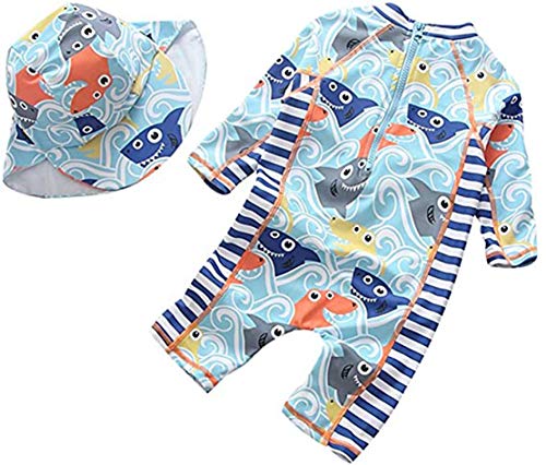 Swmstupf Baby Boys Toddlers Swimsuit One Piece Kids Zipper Bathing Suit Swimwear With Hat Rash Guard Surfing Suit Upf 50+（Blue,18-24Months） #TOP1