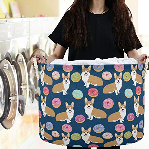 Image of visesunny Collapsible Large Capacity Basket Corgi Dog Colorful Donut Clothes Toy Storage Hamper with Durable Cotton Handles Home Organizer Solution for Bathroom, Bedroom, Nursery, Laundry,Closet