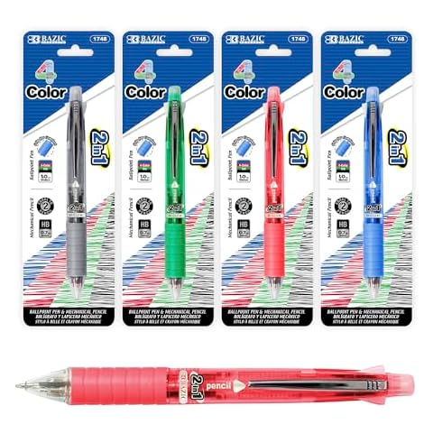 BAZIC Products 4 + 1 Ballpoint Pen + Mechanical Pencil w/Soft Grip, Bold Point 1.0 mm, 0.7mm Lead, Assorted Colors Inks, Smooth Writing, 4-Pack Cover