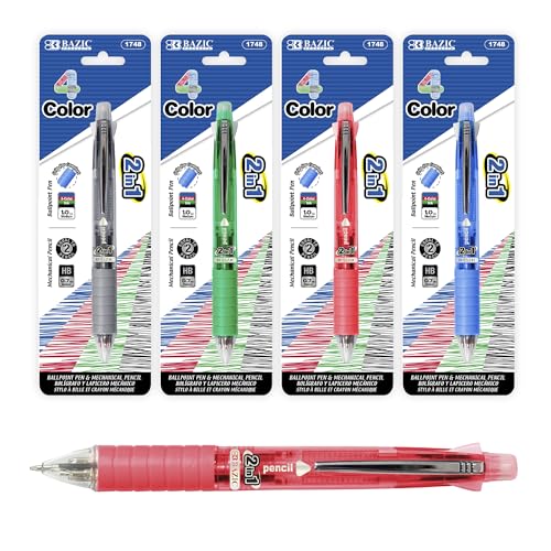 BAZIC Products 4 + 1 Ballpoint Pen + Mechanical Pencil w/Soft Grip, Bold Point 1.0 mm, 0.7mm Lead, Assorted Colors Inks, Smooth Writing, 4-Pack