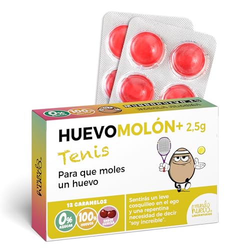 Caramelos de broma HUEVOMOLÓN Tenis | Caja con 12 caramelos sin azúcar sabor cereza | Regalo divertido para tenistas, entrenadores, clubes o fans del deporte con estilo y huevos