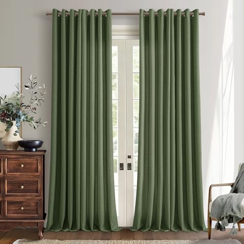 Semi Sheer 126 Inch Curtains for High Ceiling Living Room Bedroom 2 Panels Set Olive Green Linen Drapes Bronze Ring Top Grommet Privacy Moss Green Extra Long Boho Farmhouse Curtains 126 Inch Length