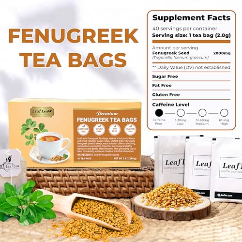 LeafLea 80 Premium Fenugreek Tea Bags, Natural Fenugreek Seed for Toasty Flavor & Sweet Aroma, Fenogreco Tea with Gentle Warmth, Caffeine-Free, Sugar-Free, Vegan, Individually Wrapped for Freshness