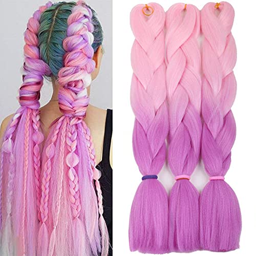 Colorfulpanda Braiding Hair Extension Yaki Texture Heat Resistant Synthetic Hair African Box Braids Crochet Twist for Women Girls 3pc/pack Light Pink/Rose color 24 Inch