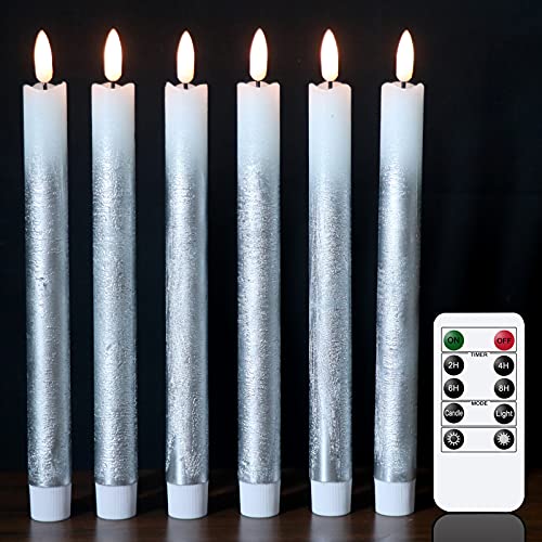 Image of Wondise Flameless Taper Candles with Remote & Timer, 9 Inch Real Wax Silver Battery Operated LED Flickering Candles for Christmas Thanksgiving Decorations