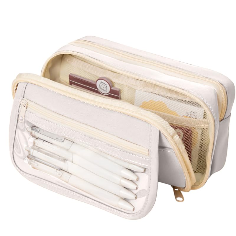 FINEMOE Large Capacity 9-Layer Canvas Pencil Pouch for Girls & Boys, Multipurpose Aesthetic Pouch for Stationery Items, Makeup, Accessories, College Essentials for Students, Gift for Kids (White)-image-31