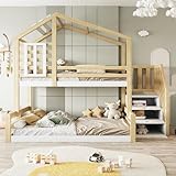 Easexcy Litera, 90 x 200 cm+140 x 200 cm, madera de pino, cama con ventana, listón, barandilla, escalera para almacenamiento, color natural y blanco