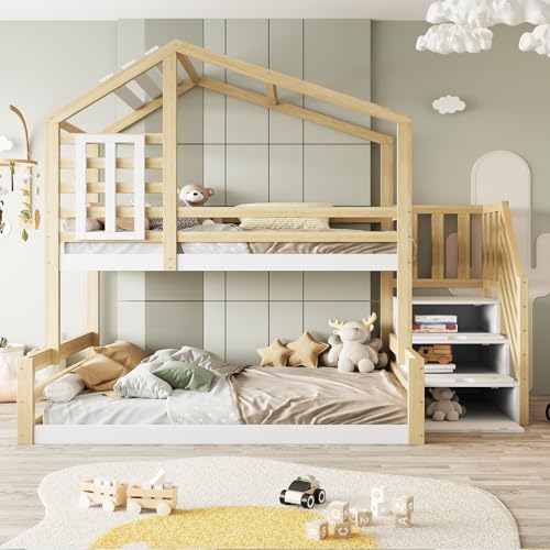 VIVCA Litera de madera de pino de 90 x 200 cm, cama con ventana, listón, barandilla, escaleras para almacenamiento, color natural