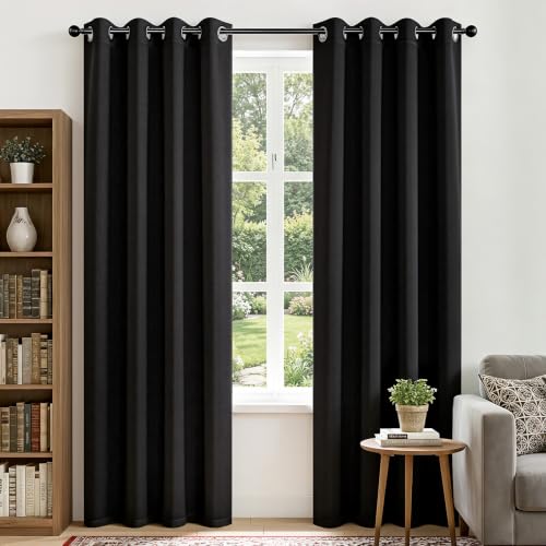 Image of Joydeco Blackout Curtains 90 Inches Long, Black Curtains 2 Panels Set Thermal Insulated Drapes, Room Darkening Grommet Drapes for Living Room Bedroom Window (W52 x L90 Inch, Black)