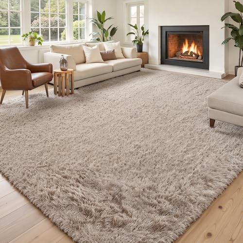 Area Rugs 10x14 Living Room, Shaggy Carpet Soft Plush Furry Bedside Rug Large Area Rugs for Bedroom Home Decor Anti Slip(10 x 14, Beige)