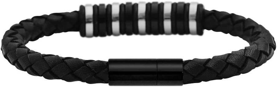 Geoffrey Beene Men's Genuine Braided Leather Bracelet with Stainless Steel Rubber Ornaments