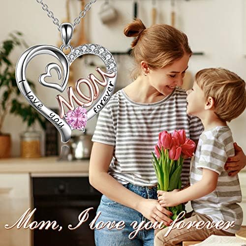 WINNICACA Gifts for Mom Necklace S925 Sterling Silver Heart CZ Stone Love Mum Pendant Birthstone Jewellery for Women Mother Gifts