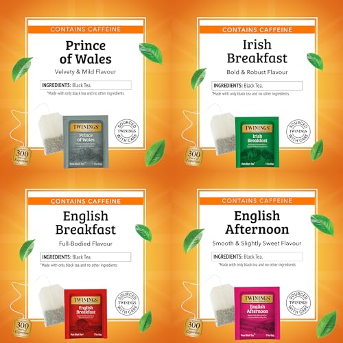 Twinings Black Tea Variety Sampler Pack, 20 Count (Pack of 4). Includes English Breakfast, Prince of Wales, English Afternoon and Irish Breakfast. Unsweetened and Caffeinated, 80 Individually Wrapped Tea Bags.