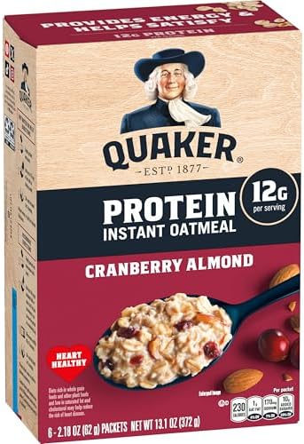 Quaker Protein Instant Oatmeal, Cranberry Almond, 12g Protein per Serving, Whole Grains, No Artificial Flavors, No Added Colors, 2.18 oz Packets, (6 Pack)