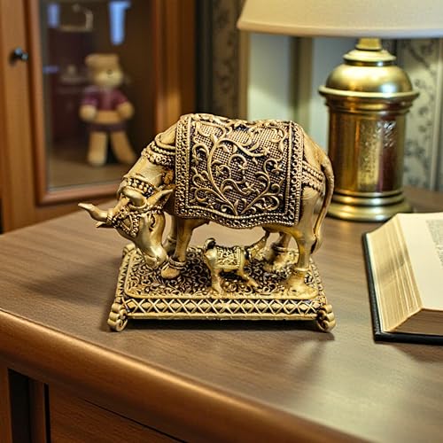 Estatua de vaca sagrada y ternero de latón 2.25 pulg miniatura 2