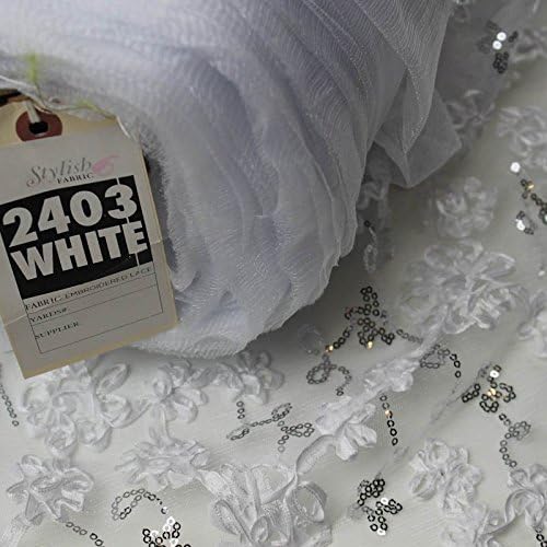 Embroidered Floral Sequin Fabric on Mesh Fabric White